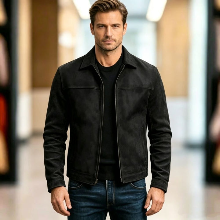 Men's slim velvet leather jacket with classic collar and concealed zipper Mune Fashion
