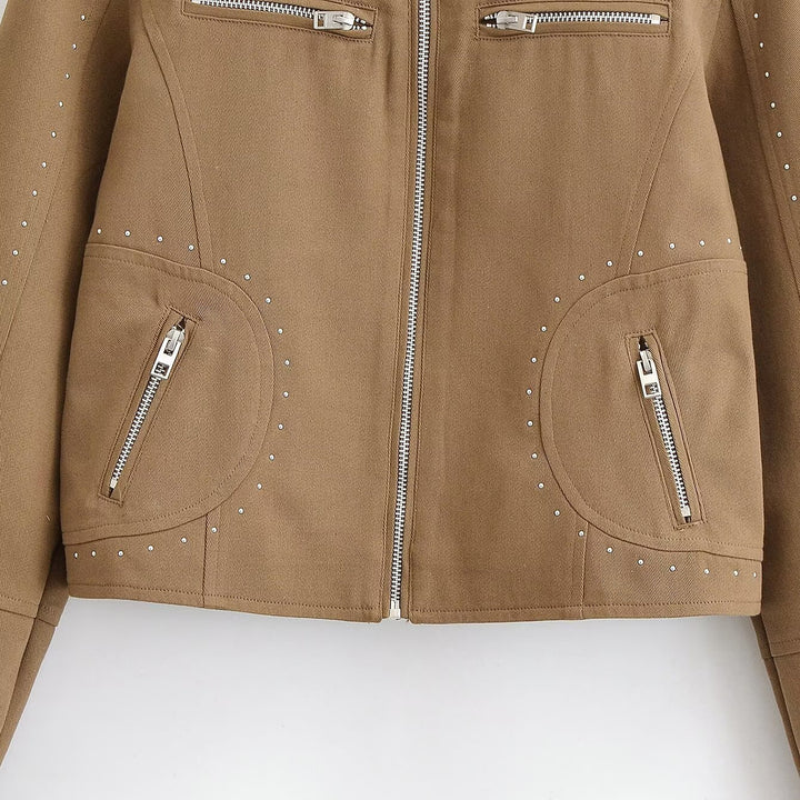 Women Short Velvet Look Jacket with Stand-Up Collar, Decorative Seams, Stud Application and Zip Pockets Mune Fashion