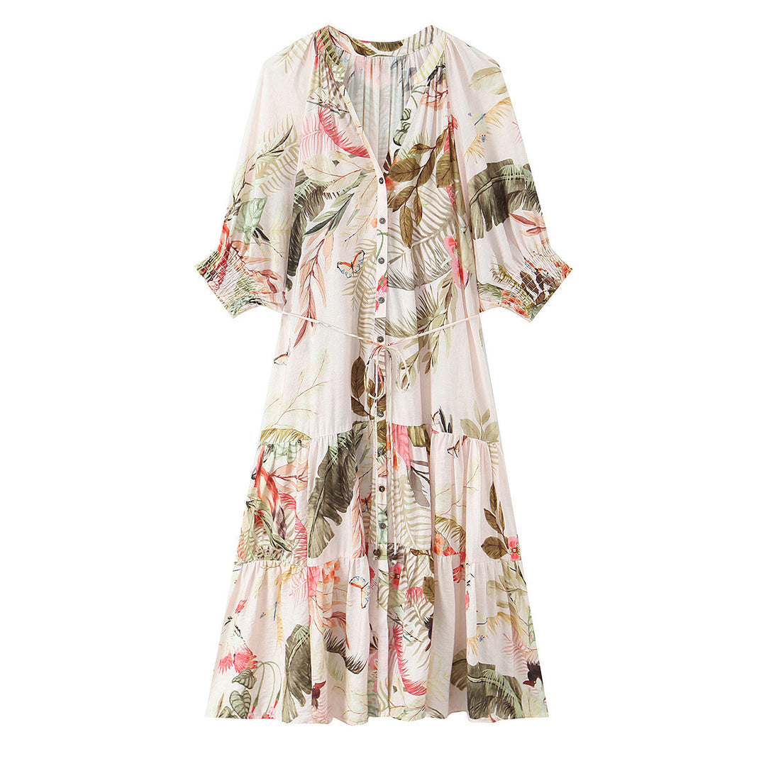 Women Long Boho Maxi Dress with Button Placket, Tie Belt and Tiered Skirt Mune Fashion