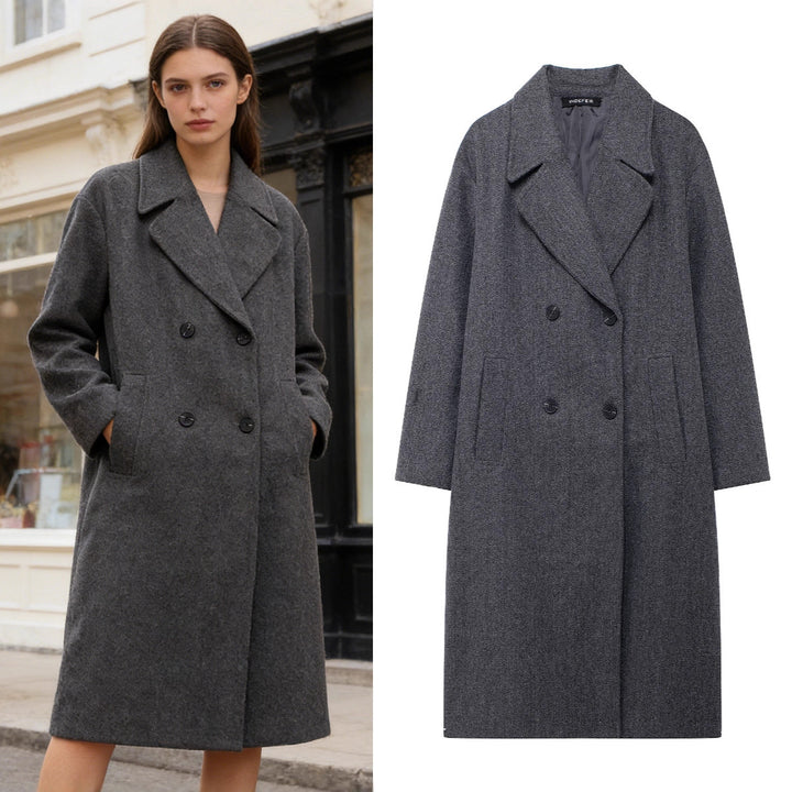Women's Double-Breasted Wool Blend Coat with Oversized Cut and Lapel Collar Mune Fashion