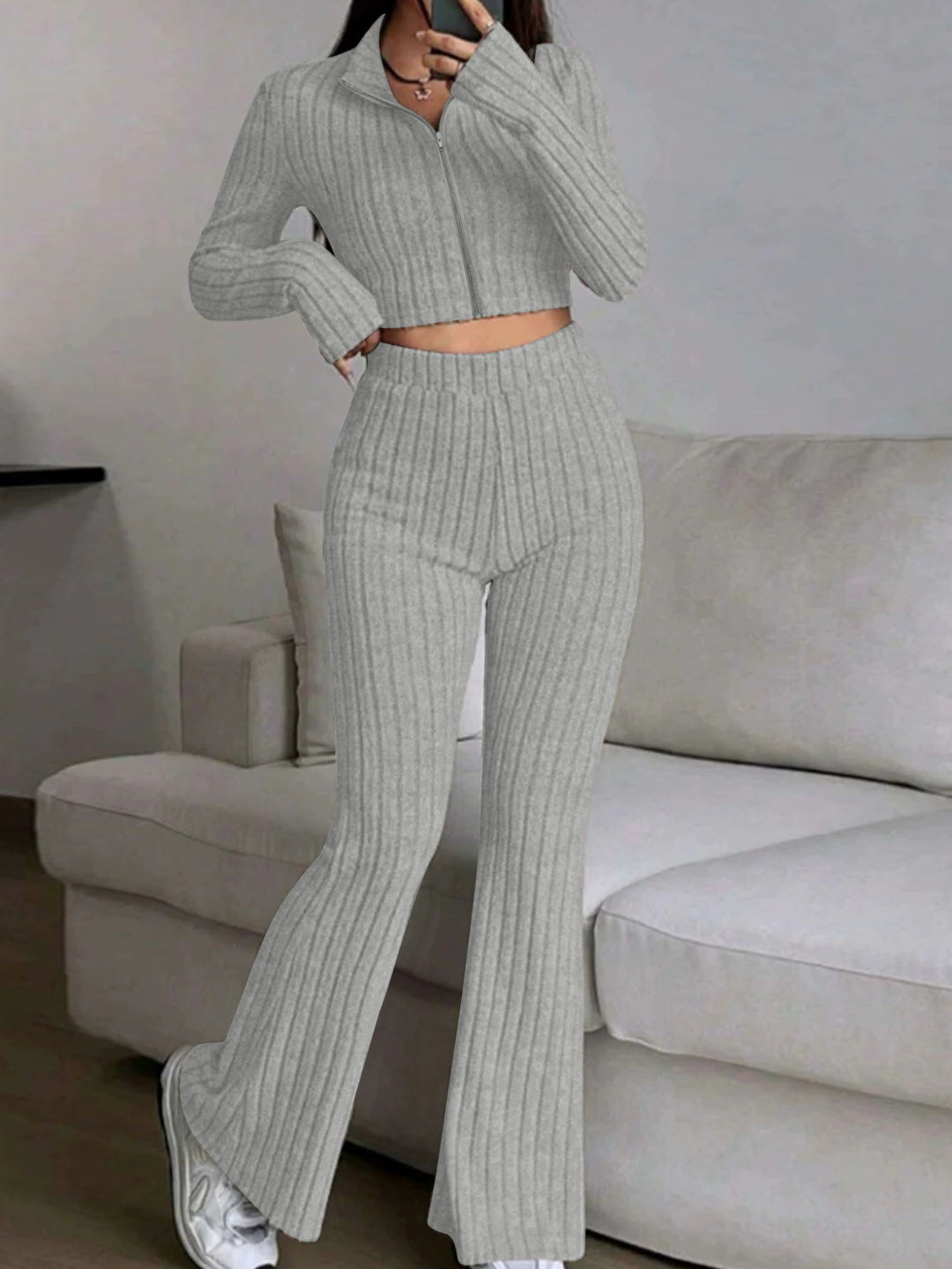 Women's Ribbed Knit Two-Piece with Cropped Zip Cardigan and High-Waist Flared Trousers Mune Fashion