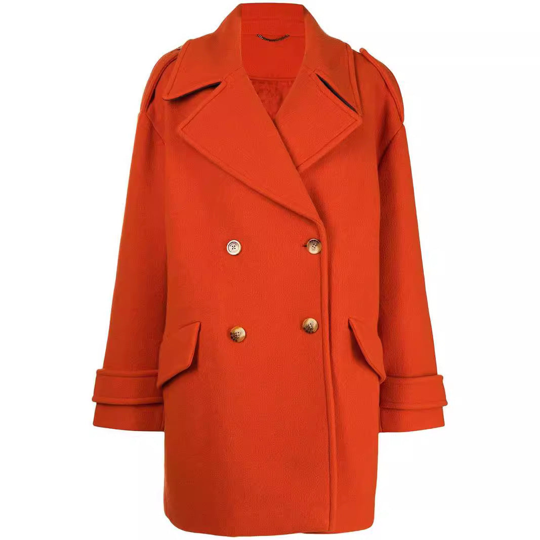 Women's Oversized Double-Breasted Short Coat made of Wool Blend with Extra Wide Sleeves and Golden Decorative Buttons Mune Fashion