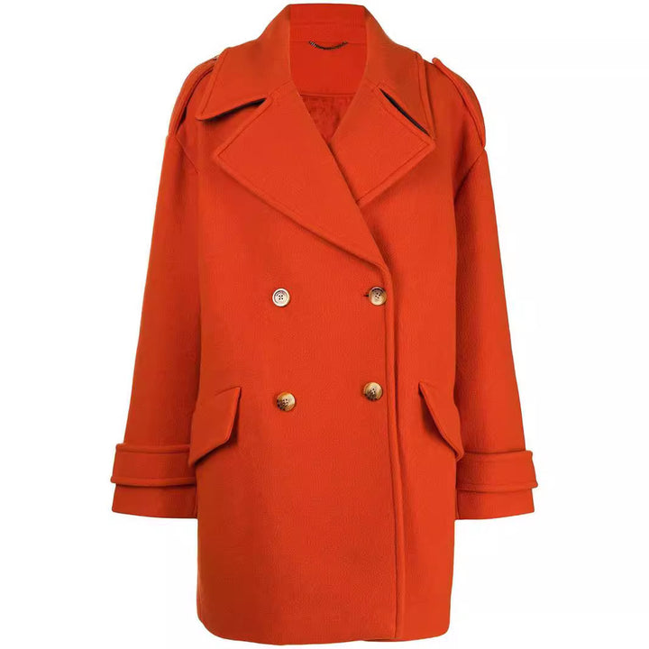 Women's Oversized Double-Breasted Short Coat made of Wool Blend with Extra Wide Sleeves and Golden Decorative Buttons Mune Fashion