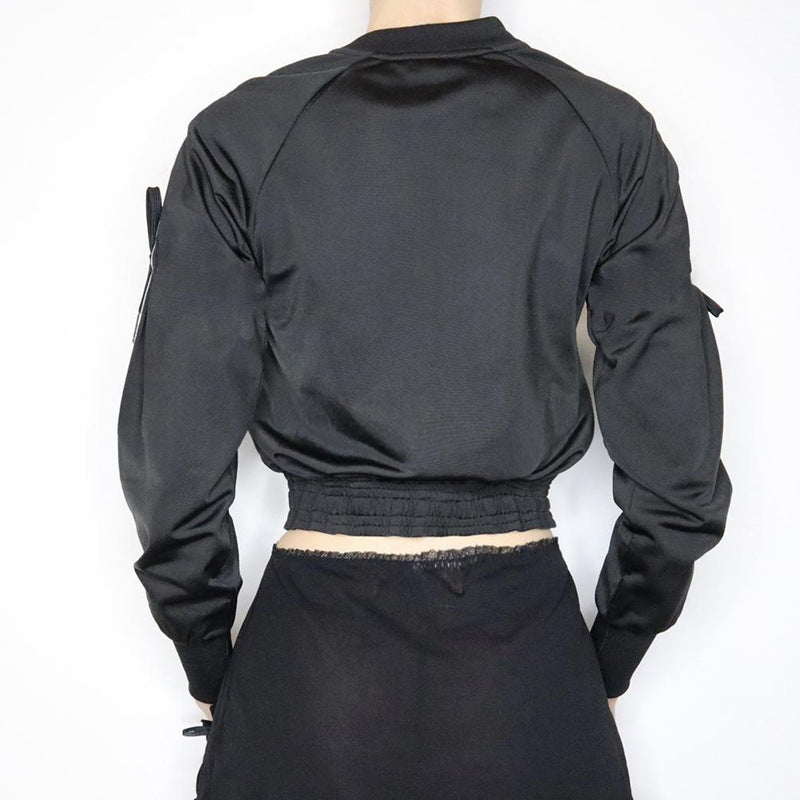 Women's sporty zip jacket in bomber style with side stripes, sleeve ties, and drawstring hem Mune Fashion