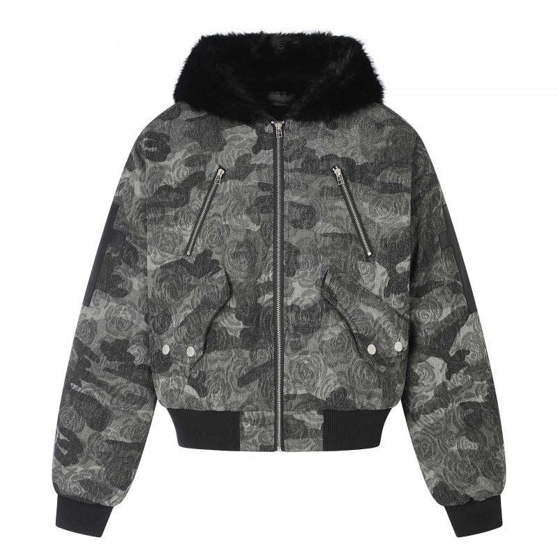 Ladies Boxy Bomber Jacket with Soft Faux Fur Collar and Floral Camouflage Structure Mune Fashion
