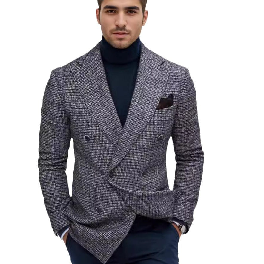 Men's Double-Breasted Tweed Blazer with Distinctive Lapels and Tailored Silhouette Mune Fashion