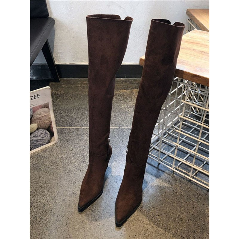 Women's over-the-knee boots in velour look with pointed toe shape and slim heel Mune Fashion