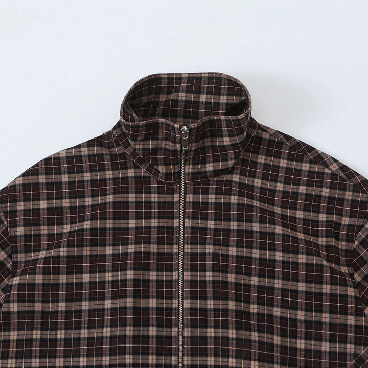 Women's Checkered Cropped Jacket with Stand-up Collar, Drawstring Hem and Pockets Mune Fashion