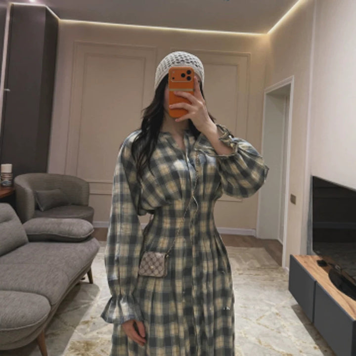 Ladies Max Dress in Checked Button-Up Blouse Style with Waist Belt and Ruffled Cuffs Mune Fashion