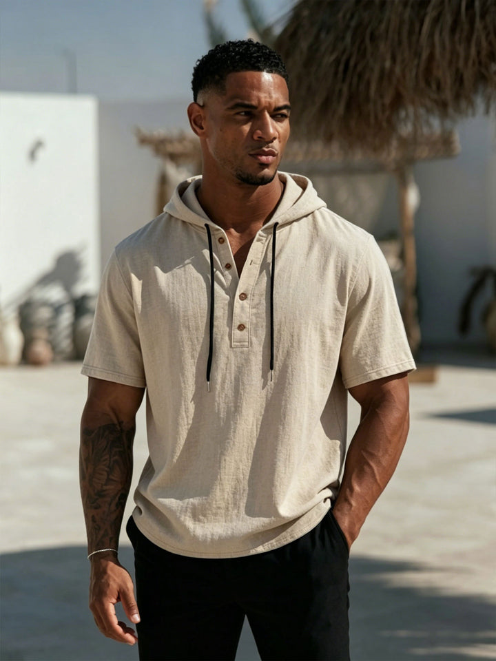 Men's Short Sleeve Hoodie Henley in Linen Look with Button Placket Mune Fashion
