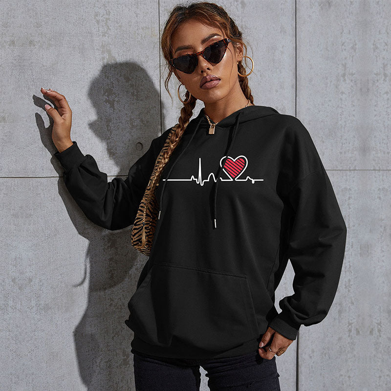 Women's Oversized Hoodie with Heart EKG Print and Kangaroo Pocket Mune Fashion