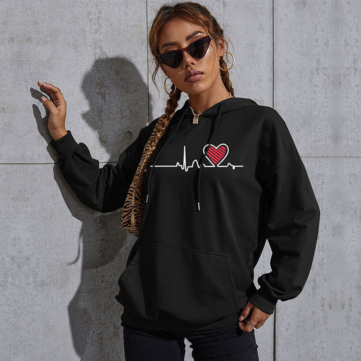 Women's Oversized Hoodie with Heart EKG Print and Kangaroo Pocket Mune Fashion