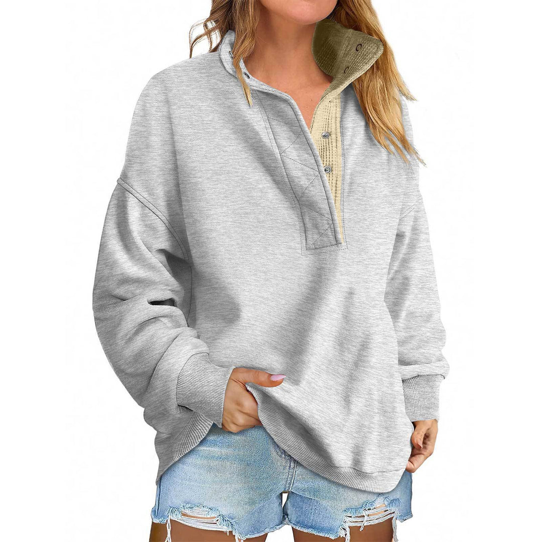 Women's Oversized Henley Sweatshirt with Stand-Up Collar and Snap Button Placket Mune Fashion