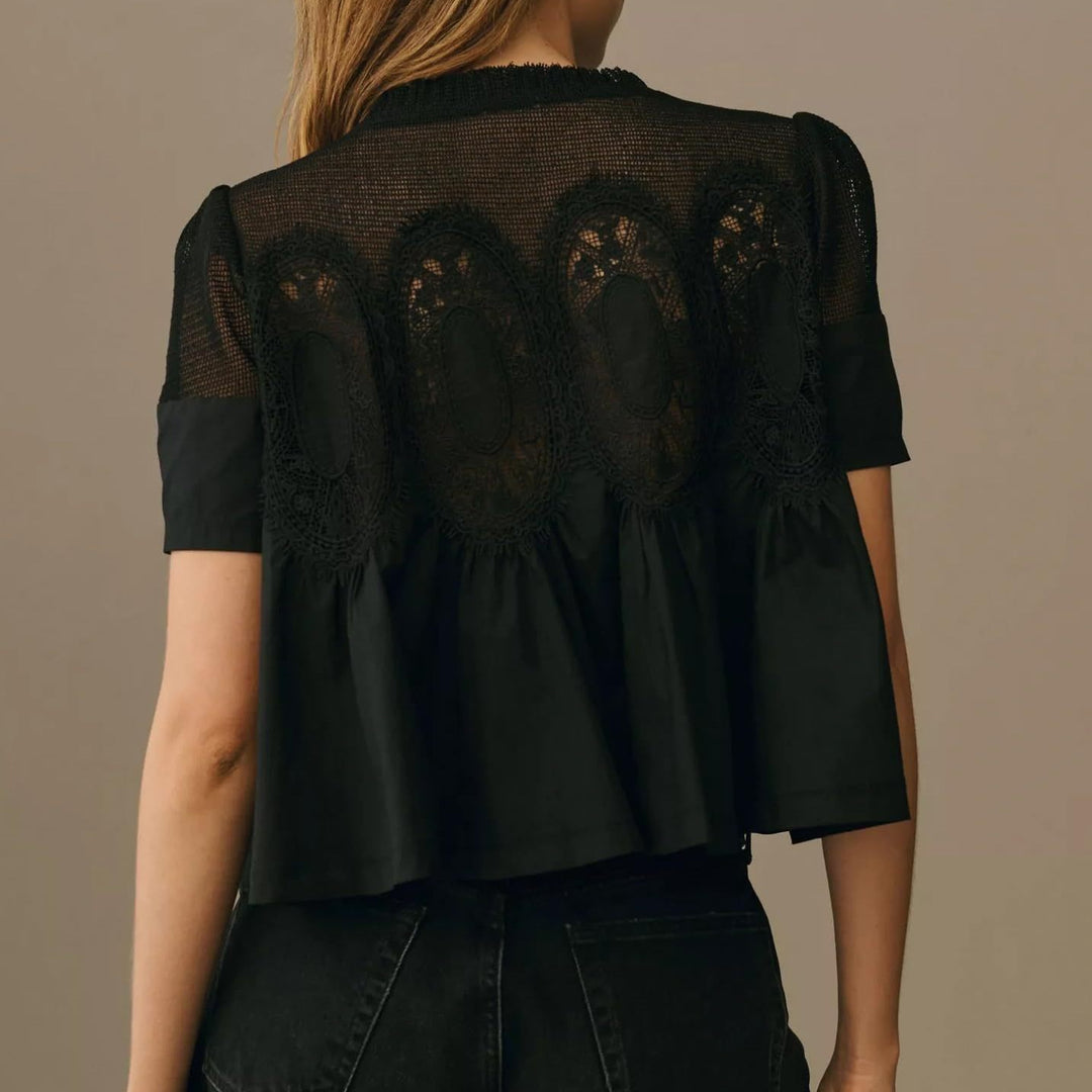 Ladies lace blouse top with stand-up collar, mesh insert and gathered A-line silhouette Mune Fashion