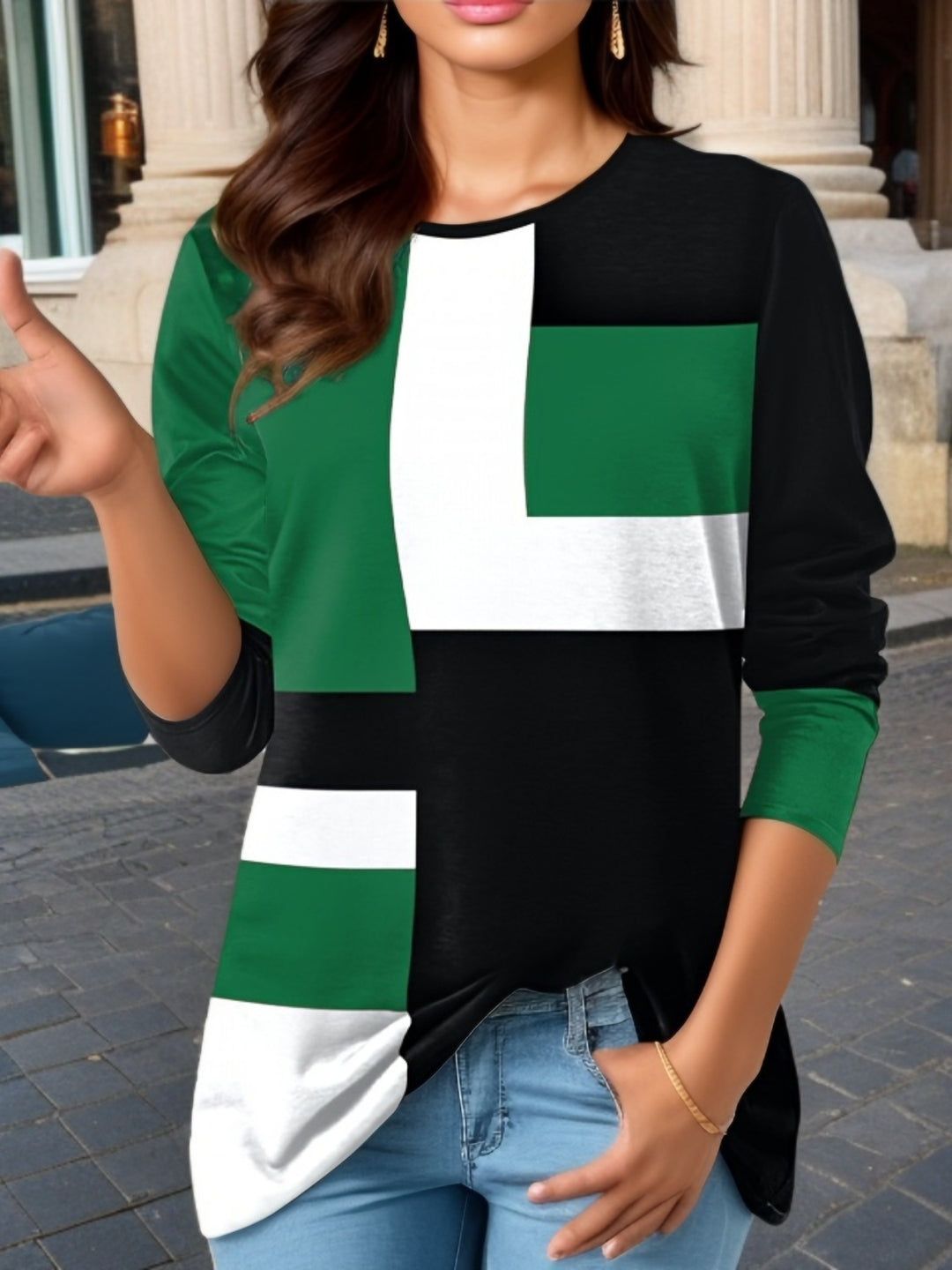 Women's geometric color block long sleeve tunic top with round neck and asymmetrical hem Mune Fashion