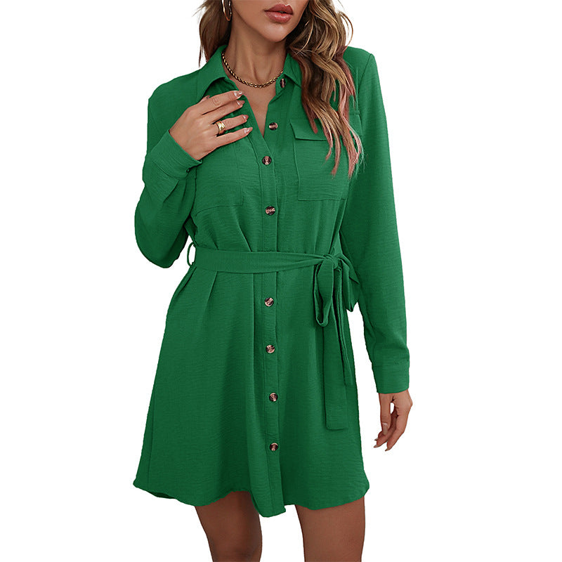 Women's shirt dress with belt, breast pockets and continuous button placket Mune Fashion