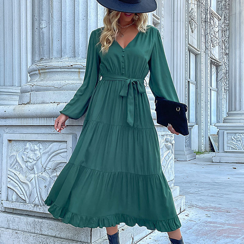 Women's Long Satin Look Tiered Dress with V-Neck, Tied Belt and Ruffle Hem