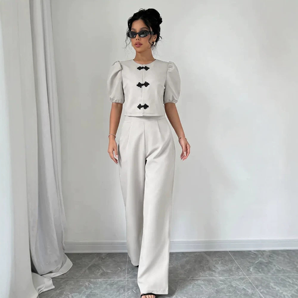 Women Two-Piece Tailoring Set with Short Jacket, Puff Sleeves and High-Cut Wide Pants Mune Fashion