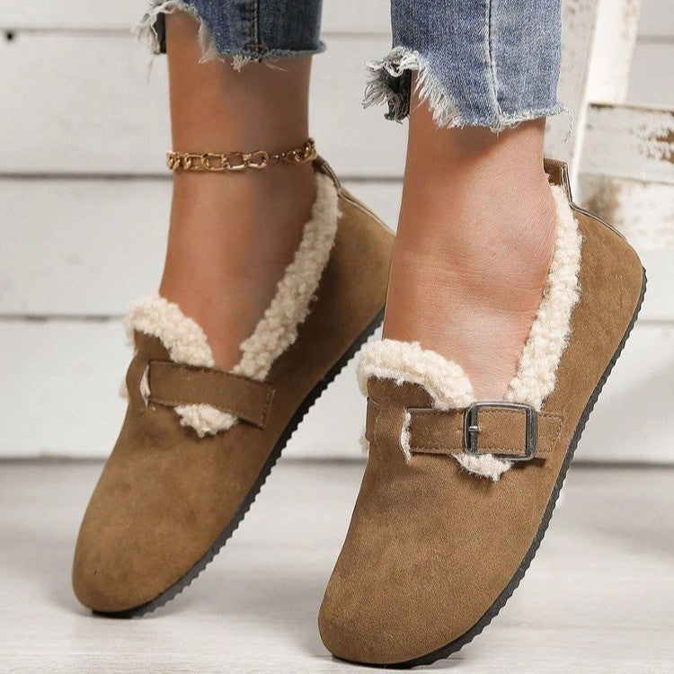 Women Fleece-Lined Suede-Look Slippers with Teddy Collar, Adjustable Buckle Strap and Non-Slip Profile Sole Mune Fashion