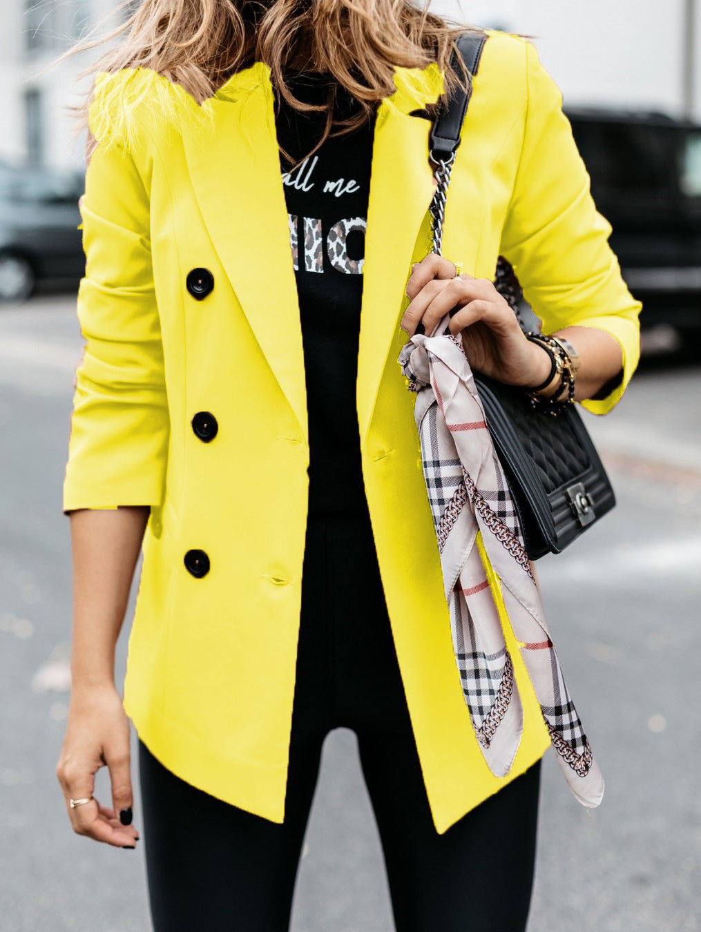 Women nan tailored long blazer with double-breasted button placket, lapel collar and patch pockets Mune Fashion