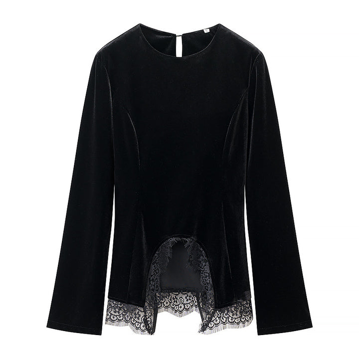 Women's velvet blouse with lace insert and asymmetrical lace hem Mune Fashion