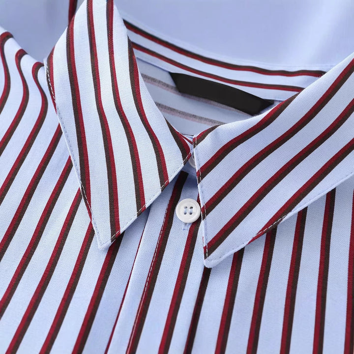 Women Striped Oversized Shirt Blouse with Kent Collar and Long Cuffs Mune Fashion