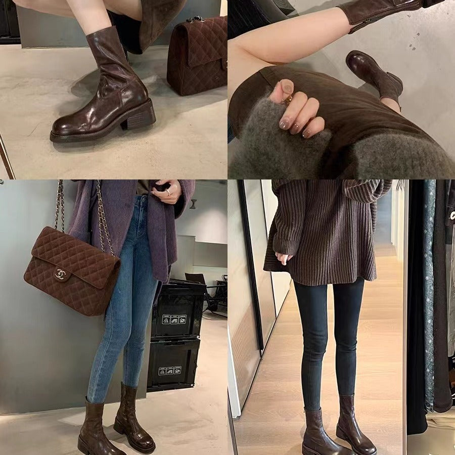 Women Mid-Calf Stretch Leather Boots with Round Toe and Profiled Platform Sole Mune Fashion