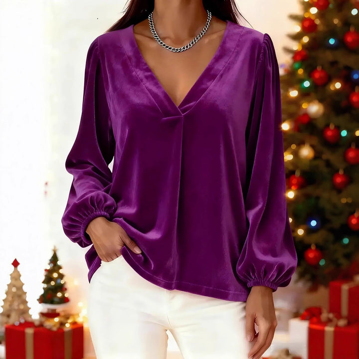Women's Elegant Velvet Blouse with V-Neck Mune Fashion