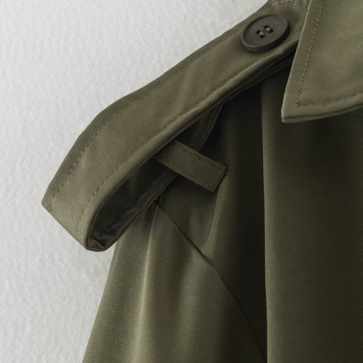 Women's Tailored Short Trench Coat with Tie Belt and Shoulder Patches Mune Fashion