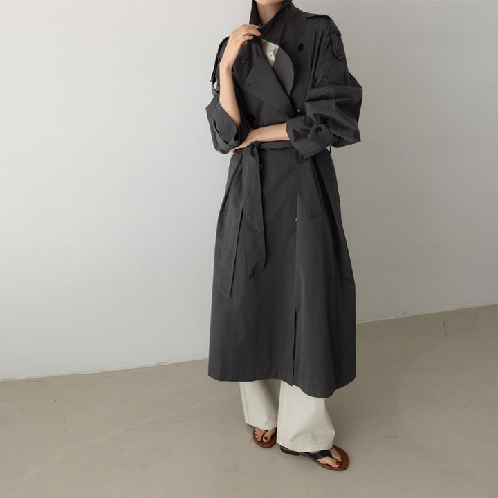 Women Oversize Maxi Trench Coat with Waist Belt and Double Button Placket Mune Fashion