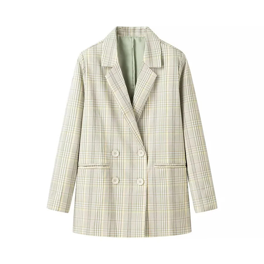 Women's oversized checked double-breasted blazer with lapel collar and flap pockets Mune Fashion