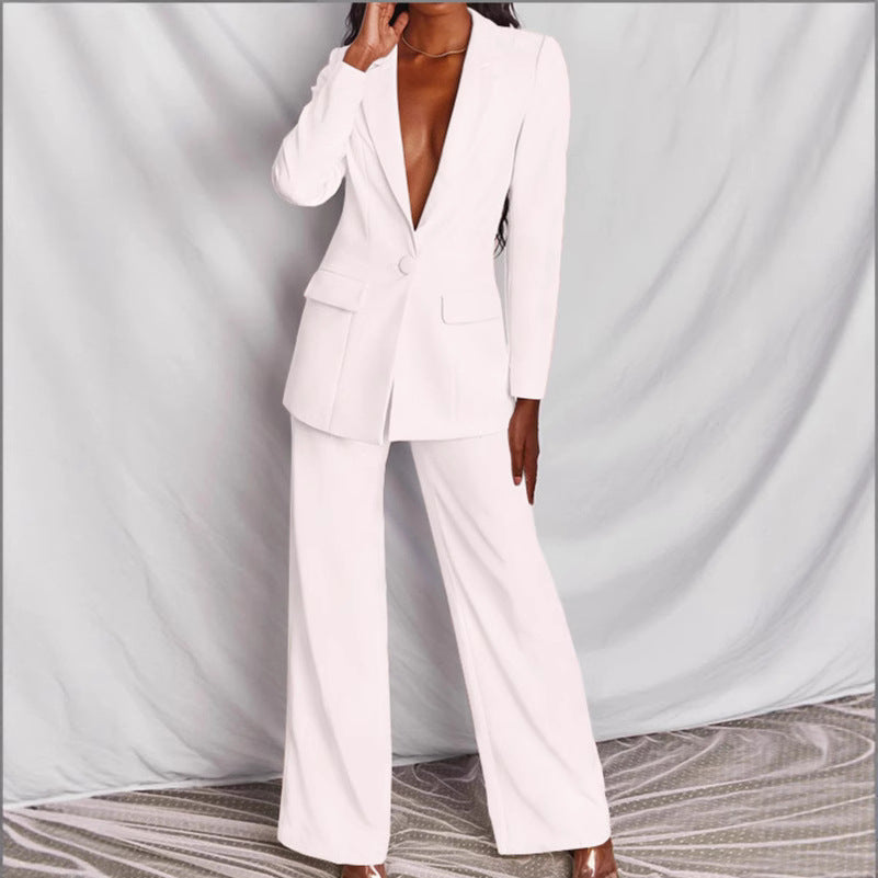 Women's tailored one-button blazer with flap pockets and wide palazzo pants suit Mune Fashion