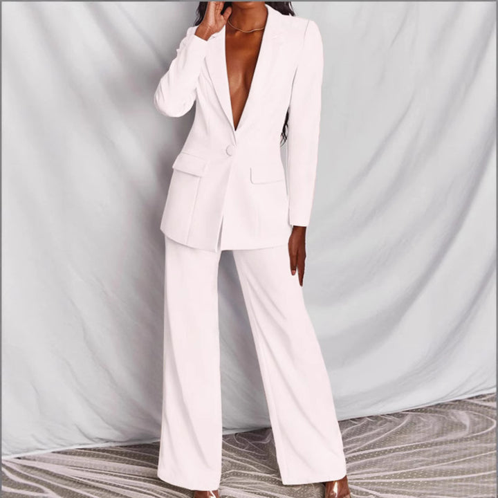 Women's tailored one-button blazer with flap pockets and wide palazzo pants suit Mune Fashion