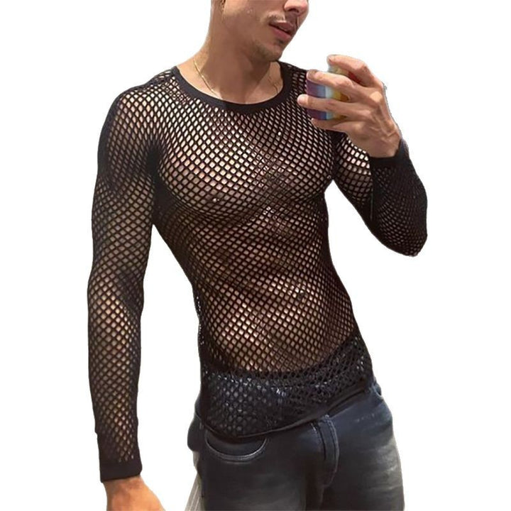 Unisex transparent diamond net long sleeve shirt with round neck Mune Fashion