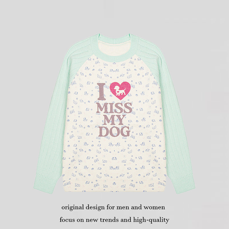 Women's knit sweater with raglan sleeves, allover dog motif and statement print Mune Fashion