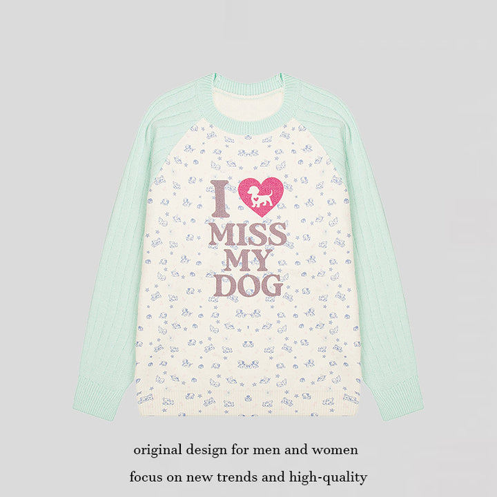 Women's knit sweater with raglan sleeves, allover dog motif and statement print Mune Fashion