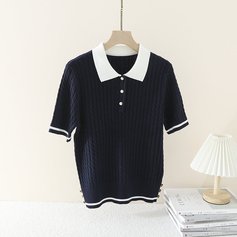 Women's Short Sleeve Knit Polo Shirt with Cable Pattern and Contrast Collar Mune Fashion
