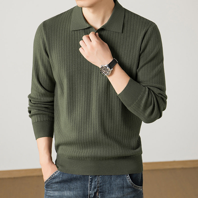 Men's polo collar fine knit sweater with ribbed texture and slim silhouette Mune Fashion