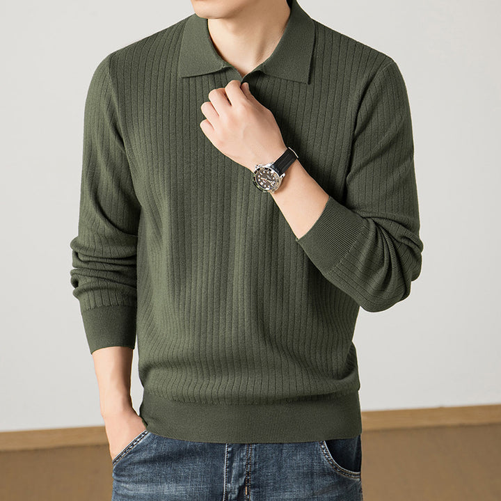 Men's polo collar fine knit sweater with ribbed texture and slim silhouette Mune Fashion