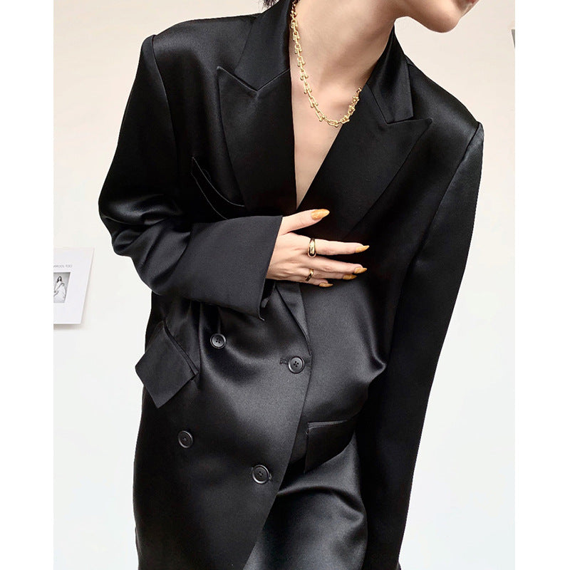 Ladies Elegant Satin Blazer with Double Button Placket Mune Fashion