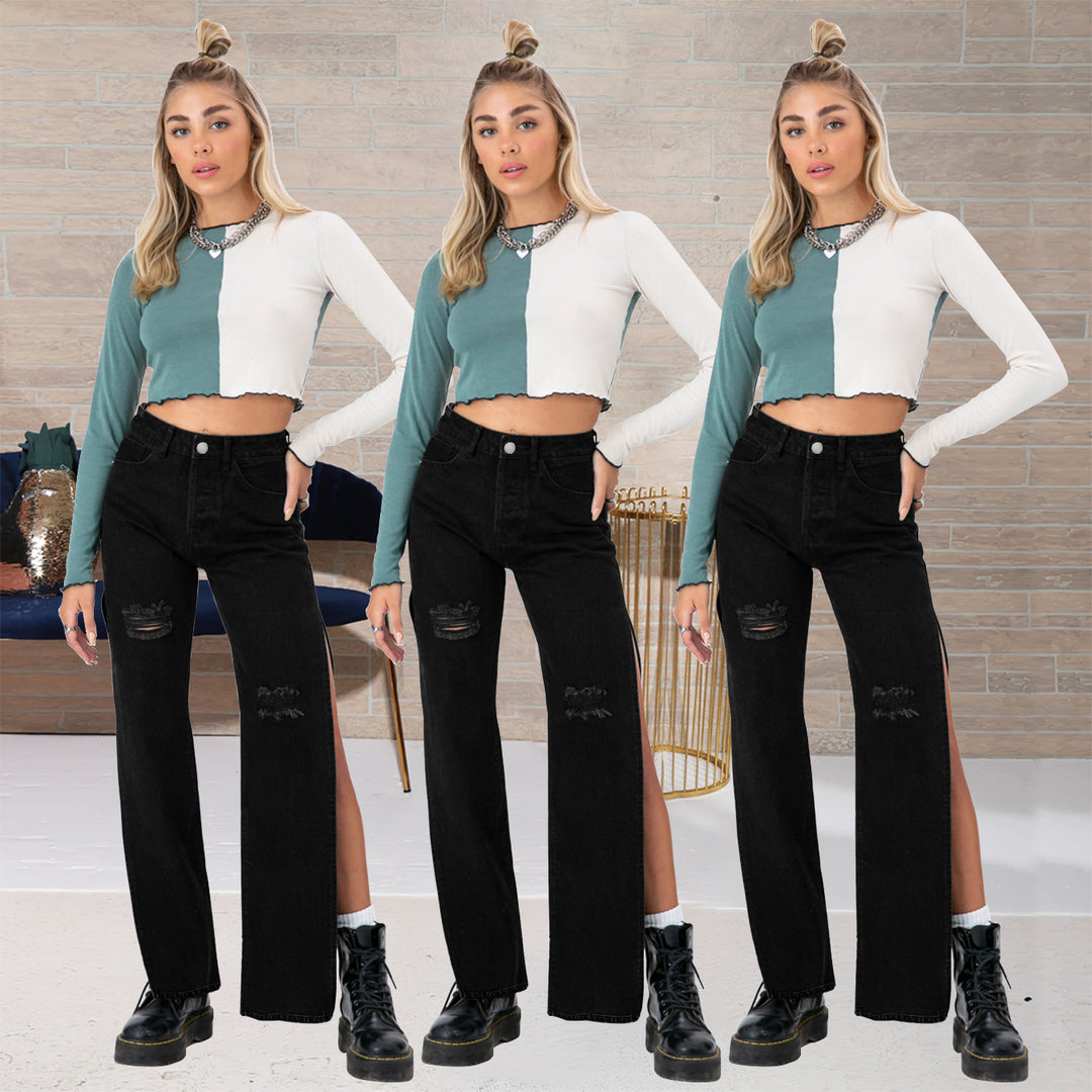 Ladies high-cut straight jeans with side leg slit and subtle rips Mune Fashion