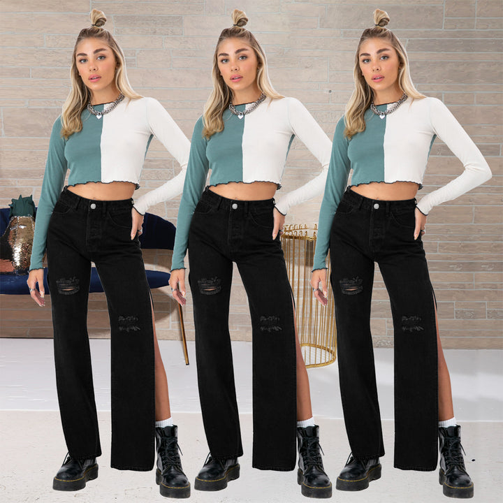 Ladies high-cut straight jeans with side leg slit and subtle rips Mune Fashion
