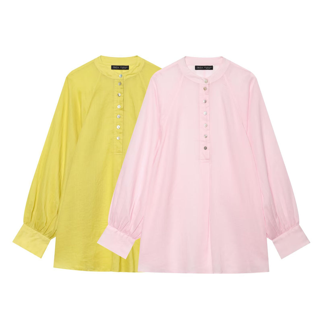 Women Oversized Blouse with Stand Collar, Continuous Button Placket and Balloon Sleeves Mune Fashion