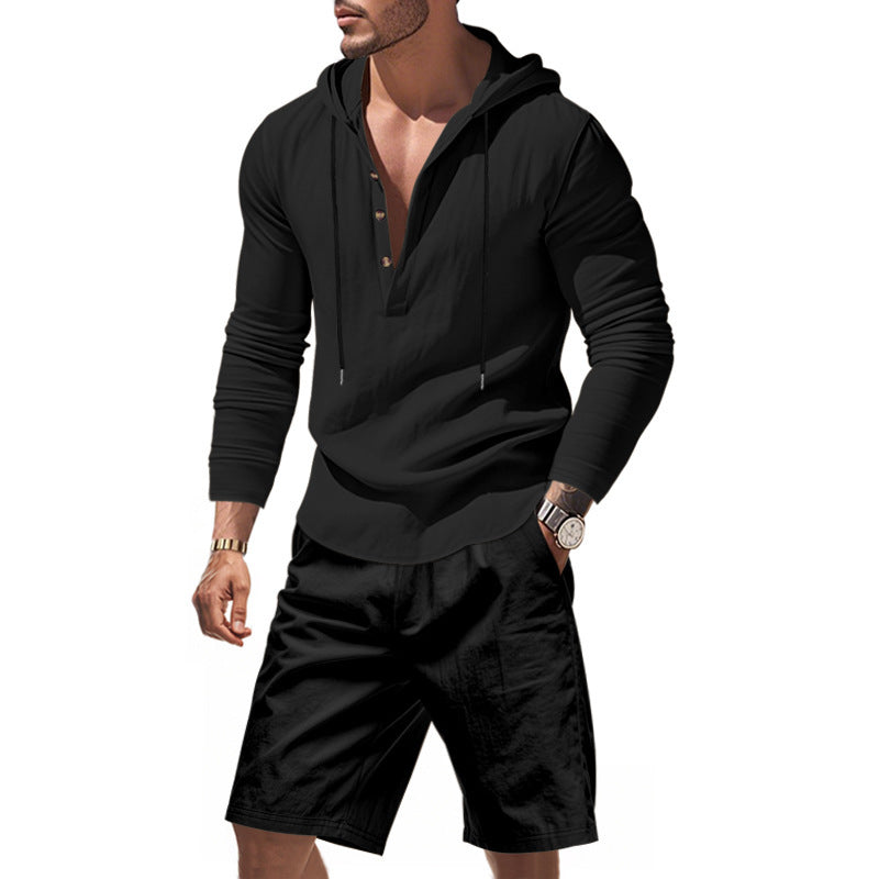 Men's Hoodie Henley Loungewear Set with Linen Look, Drawstring and Elastic Tunnel Shorts Mune Fashion