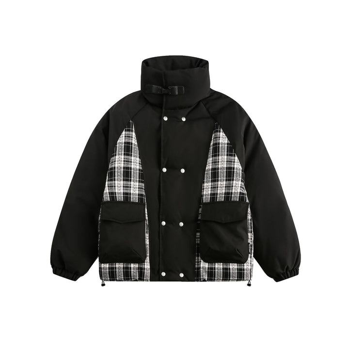 Unisex Oversize Stand Collar Puffer Jacket with Checked Insert Panel and Utility Pockets Mune Fashion