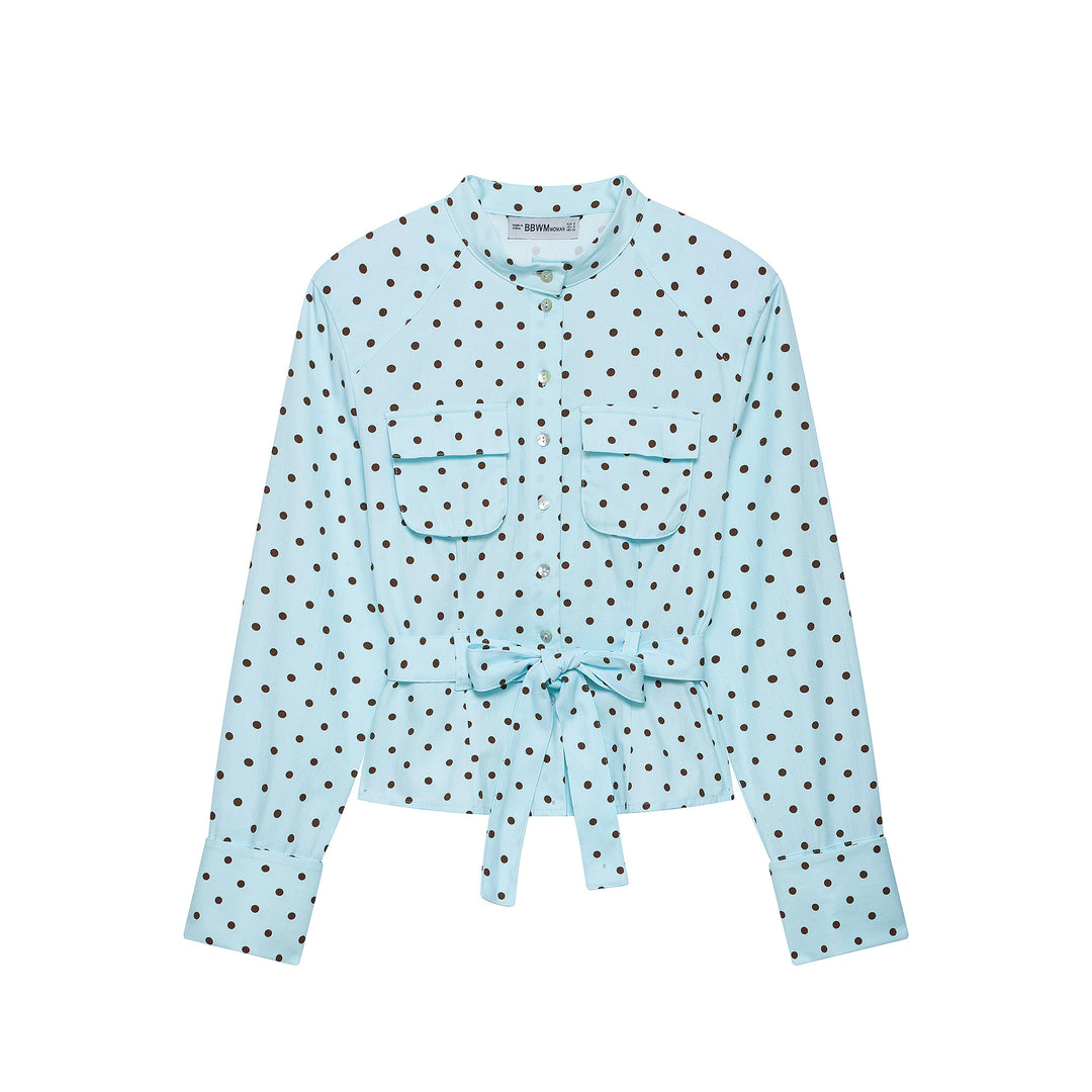 Women's blouse with stand-up collar, tie belt, and patch breast pockets Mune Fashion