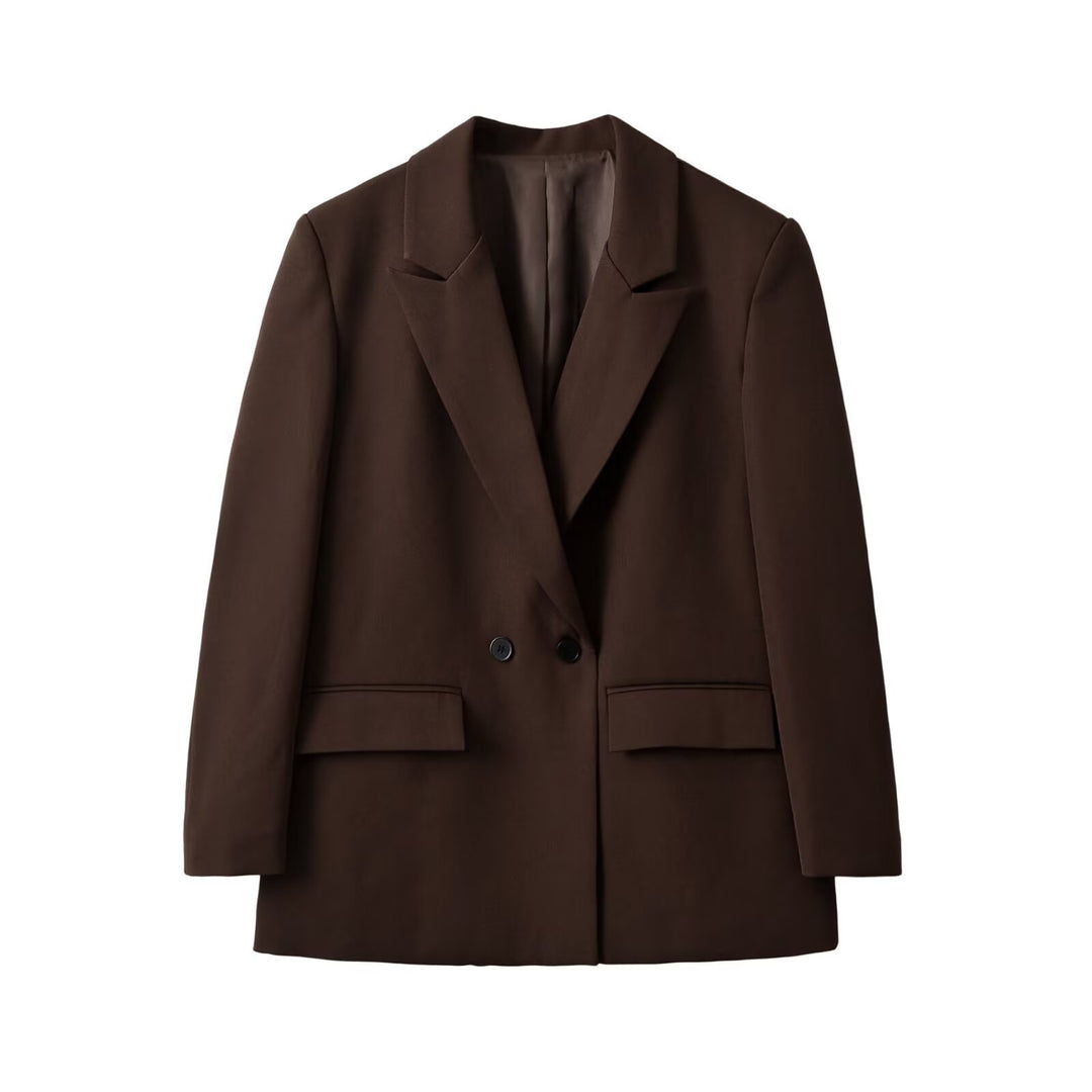 Women's Double Breasted Long Blazer with Lapel Collar, Tailored Fit and Patch Pockets