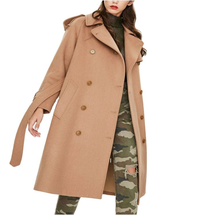 Women's Mid-Length Double-Breasted Wool Blend Trench Coat with Epaulettes and Belt Mune Fashion