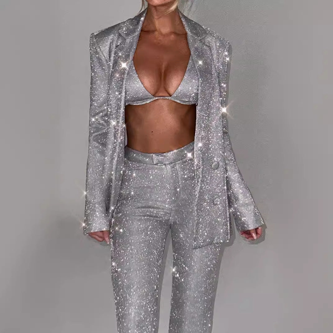 Women's Glittering Suit Set with Crop Top and Flared Pants Mune