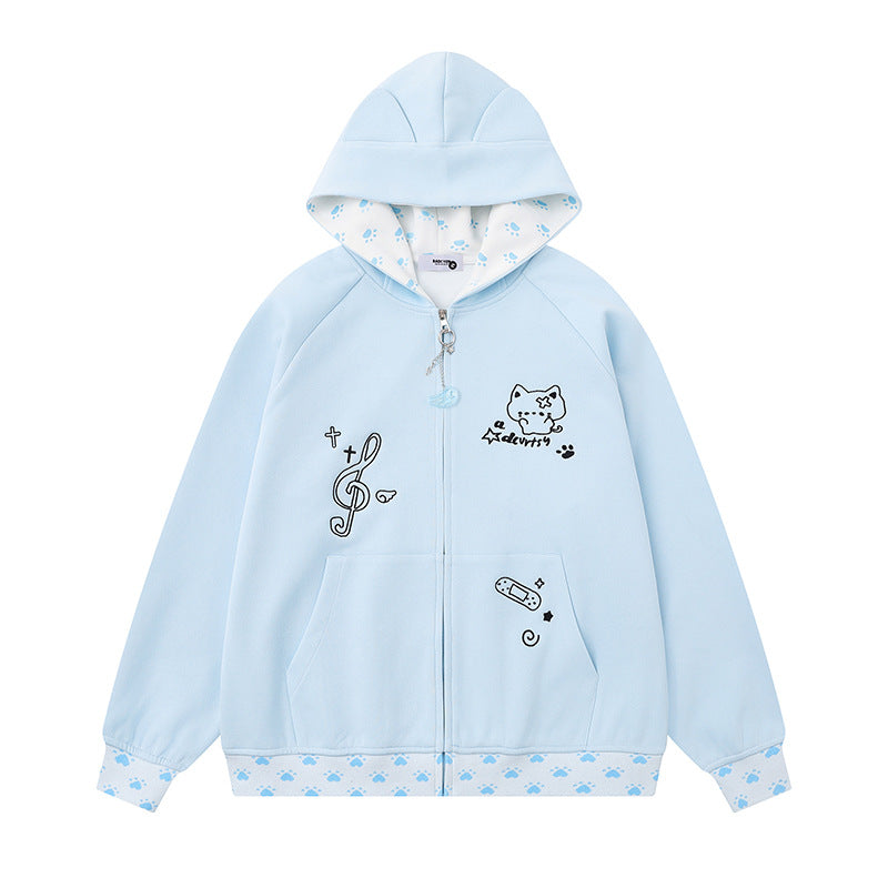 Women's hoodie with zipper in casual kawaii style, contrast hood, comic prints and ribbed cuffs Mune Fashion